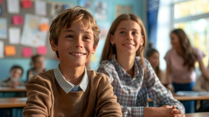 Elementary Classroom Learning: Smiling Students Engaged in School Activities. Generative ai