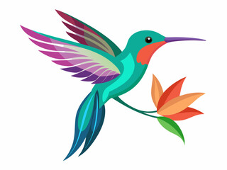 Colibri. Colibri tropical volant multicolore avec fleur isol&eacute;e sur fond blanc. Illustration vectorielle d&rsquo;un oiseau paradisiaque brillant survolant la fleur en fleurs - Illustration
