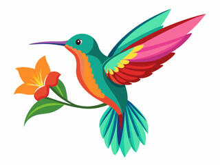 Colibri. Colibri tropical volant multicolore avec fleur isolée sur fond blanc. Illustration vectorielle d’un oiseau paradisiaque brillant survolant la fleur en fleurs - Illustration
