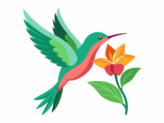 Colibri. Colibri tropical volant multicolore avec fleur isolée sur fond blanc. Illustration vectorielle d’un oiseau paradisiaque brillant survolant la fleur en fleurs - Illustration
