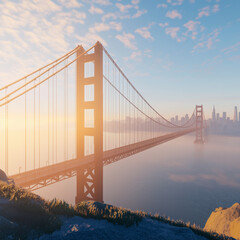 Obraz premium Bridge at sunrise with the city skyline in the background