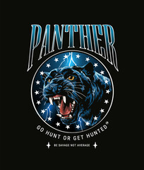 panther slogan with panther head in circle frame and thunder bolt background vector illustration © tsuponk