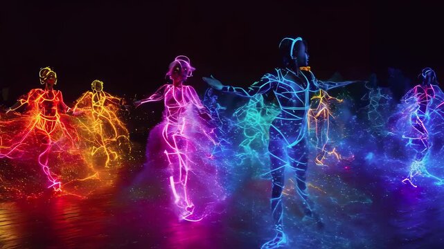 A group of neon silhouettes, possibly young men and women, walk across a dark room, leaving colorful trails behind. The image creates a dynamic and surreal atmosphere, likely emulating motion and