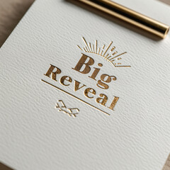 A striking gold stamp imprint with the words "Big Reveal" in elegant, bold typography, stamped on pristine white paper. The design includes a slight emboss effect and clean lines, conveying excitement