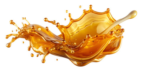 Golden honey splash with dripping dipper, PNG isolated transparent