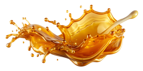 Golden honey splash with dripping dipper, PNG isolated transparent