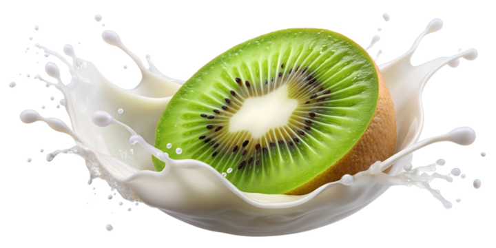 Fresh kiwi half in swirling milk splash, PNG isolated transparent