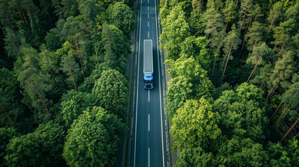 Truck on a beautiful road in the forest, top view. Green colorful trees along the sides of the road.