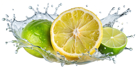 Lemon and lime in water splash, PNG isolated transparent