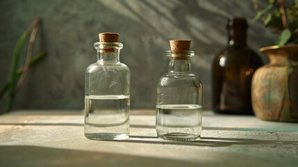 Two empty bottles for cosmetics on a table