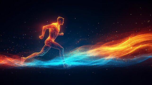 A dynamic, glowing figure running through a vibrant, colorful wave of energy.