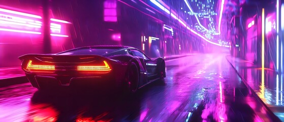Futuristic Sports Car Speeding Through Neon-Lit City at Night. Generative AI