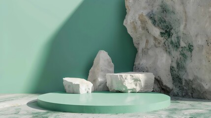 Minimalist Marble Rocks on Green Pedestal with Shadow Play. Generative AI
