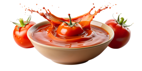 Tomato splashing in bowl of tomato soup, isolated transparent