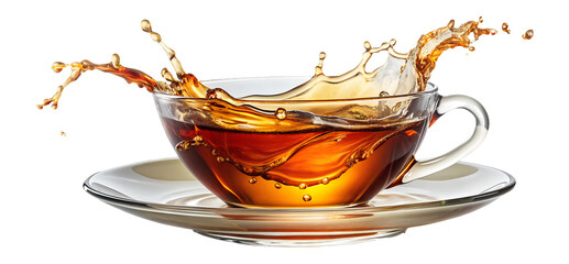 Splash of hot tea in glass cup with saucer, isolated transparent