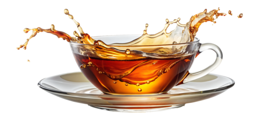 Splash of hot tea in glass cup with saucer, isolated transparent