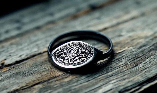 Close-up of Intricate Signet Ring on Weathered Wood