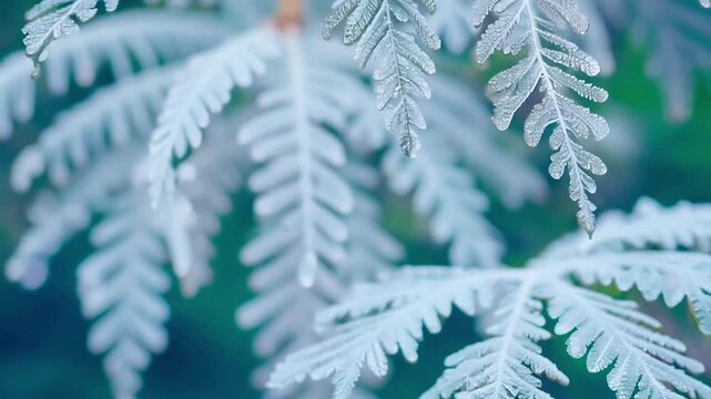 A snow covered tree branch with frost on it. The branch is surrounded by snow and the sky is blue