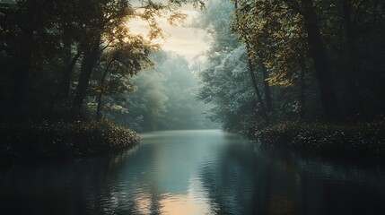 Obraz premium Sunbeams dance on mist-shrouded trees, reflecting golden hues on tranquil forest stream