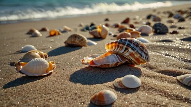 shells on the beach animation motion graphic with ai technology 4k background.