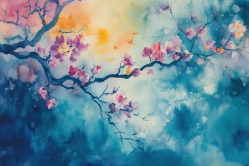 A beautiful watercolor painting of cherry blossoms on branches against a vibrant and dreamy background.