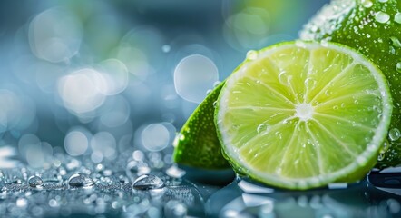 Fresh Lime Halves With Dew Drops On A Blue Background In Soft Focus