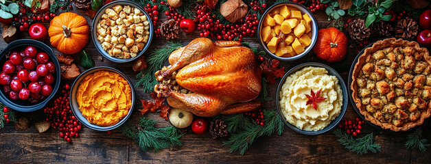 Flat lay photo, traditional thanksgiving dinner, food photo of bowls filled with thanks giving meal with roast turkey and other foods on a wooden table