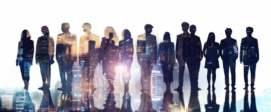 Silhouettes of ten business people standing in front of a cityscape, with a double exposure effect, against a white background with a gradient overlay Generative AI