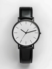 Elegant Minimalist Black Wristwatch on White Background. Generative AI