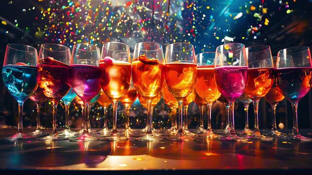 A row of colorful wine glasses filled with different colored drinks on festive background