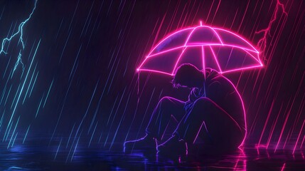 Minimalistyczna ilustracja, Neon, Samotna postać, Siedząca postać, Złamany parasol, Deszcz, Świecący parasol, Kanciaste kształty, Pochylona postać, Symbol depresji, Ciężar emocjonalny, Smutek, Izolacj