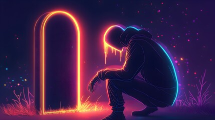 Obraz premium Minimalistyczna ilustracja neonowa, Postać klęcząca, Neonowy nagrobek, Świecące łzy, Cienkie linie neonowe, Ostrość linii, Despair, Izolacja, Smutek, Ból emocjonalny, Mroczny nastrój, Nowoczesna sztuk