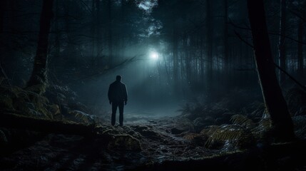 Obraz premium A solitary figure stands in a misty forest, illuminated by a mysterious light.