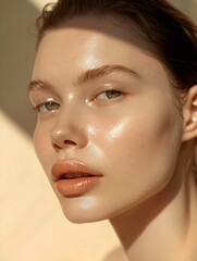 Close-Up Beauty Portrait of a Woman with Flawless Skin and Natural Makeup. Generative AI