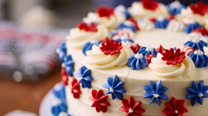 Delicious labor day cake decorated with red, white, and blue for celebrating summer holidays