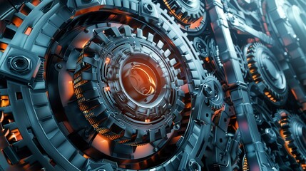 Fototapeta premium A close-up of intricate metallic gears with glowing elements, showcasing industrial design.