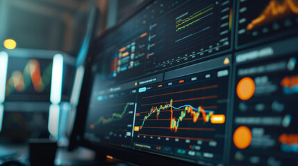 Close up of a trading platform displayed on a desktop computer screen at night