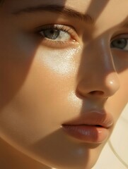 Close-Up Beauty Portrait: Radiant Skin and Striking Blue Eye. Generative AI