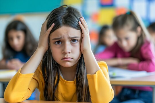 Worried schoolgirl experiencing headache in classroom. A relatable concept for educational stress, health, and academic pressure. Ideal for education, health, and mental wellness content marketing