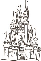 Fototapeta premium Black and white illustration of a medieval castle with flags on its towers