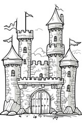 Obraz premium Black and white illustration of a medieval castle with flags on its towers