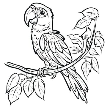 recommend clip art: Black and white illustration of a parrot perched on a branch with leaves