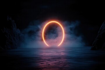 A mesmerizing scene of an orange glowing circle emerging from misty waters, set against a dark backdrop enhances mystical ambiance.