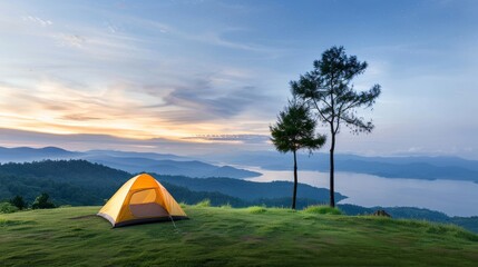 A green and white tent is set up in a forest