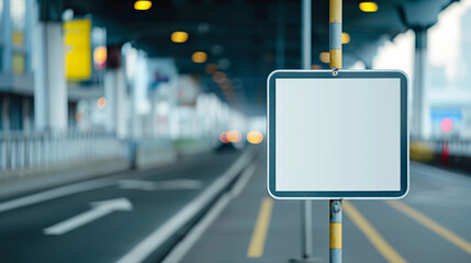 Blank safety message sign under a busy overpass at dawn with light traffic flowing