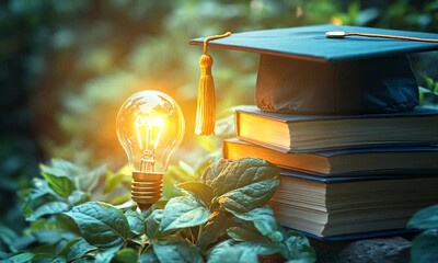 Graduation cap with lamp lightbulb - Powered by Adobe