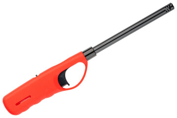 Red gas lighter gun. Fire ignition for grill or gas kitchen stove top. Flame with refillable lighting utility tool. Isolated equipment to ignite spark burn energy. Utensil for house candles. Handy.