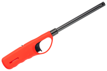 Red gas lighter gun. Fire ignition for grill or gas kitchen stove top. Flame with refillable lighting utility tool. Isolated equipment to ignite spark burn energy. Utensil for house candles. Handy.