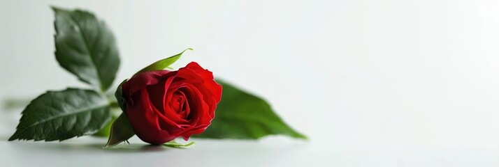 Red rosebud with leaf on a white background, text space available