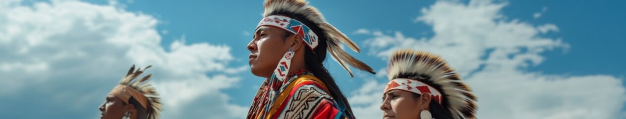 Majestic Native American in Traditional Attire Standing Before the Sky, Embracing the Heritage and Unity of Indigenous Cultures.